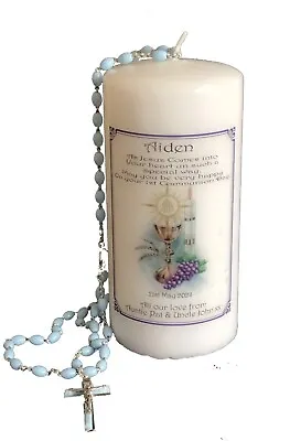 First Holy Communion Candle With Rosary Beads Personalised Gift For Boy • £24.99