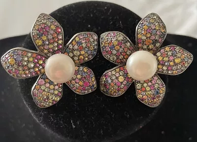 MCL Matthew Campbell Multicolored Sapphire And Pearl Flower Earrings • $1250