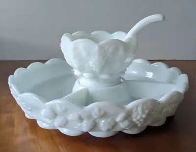 Westmoreland Paneled Grape Milk Glass Divided Relish Dish Dip Bowl & Spoon • $27.50