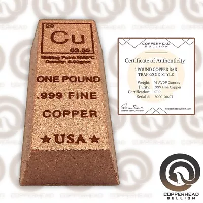 1 Pound Lb (16 Oz) Copper Bullion Bar Element Trapezoid Style .999 Fine Ingot 10 • $21.99