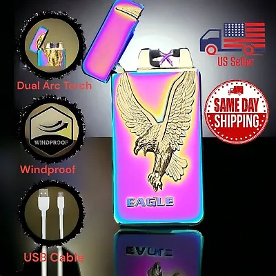 USB Multi Color Metal Eagle Rechargeable Lighter Windproof Dual Arc Flame  • $11.99