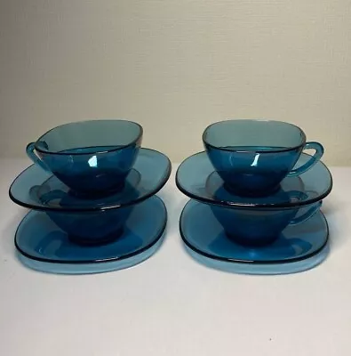 4 Sets Of Vintage Retro  Vereco France  Midnight Blue Glass Cup & Saucers • $35