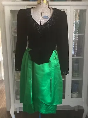 VTG 80s VICTORIA ROYAL Cocktail Party Dress Blk Velvet & Green SILK TULIP Skirt • $72.25