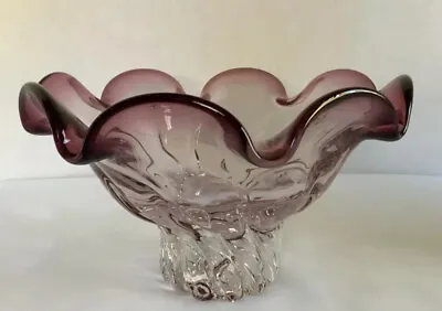 Vintage 1940 Murano Heavy Imperial Glass Ruffled Rim Purple & Clear Fruit Bowl • $99.99