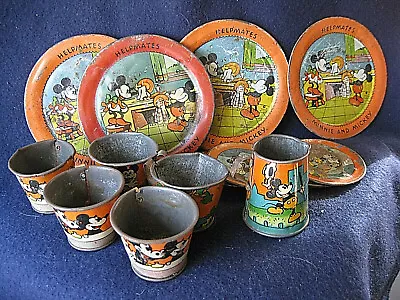 Vintage  HELPMATES  Mickey Mouse & Minnie Tin Tea Set 14 Pieces Plates Cups + • $50