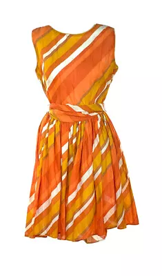Vintage 50s Day Dress Summer Orange Stripe Tie Waist Peplum Flare S M L’Aiglon • $65