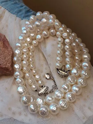 Baroque Pearls Rhinestone Fancy Clasp Double Strand Necklace Vintage Jewelry • $18.23