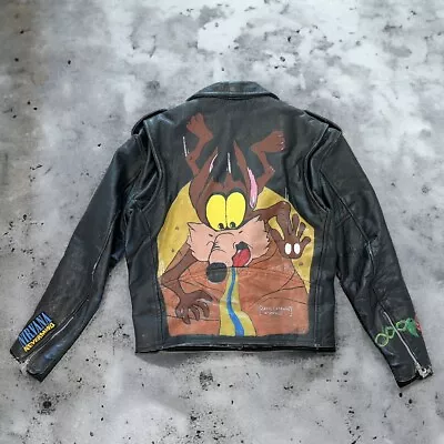 Painted Wile E Coyote Looney Tunes First Genuine Leather Motorcycle Jacket Sz 40 • $225