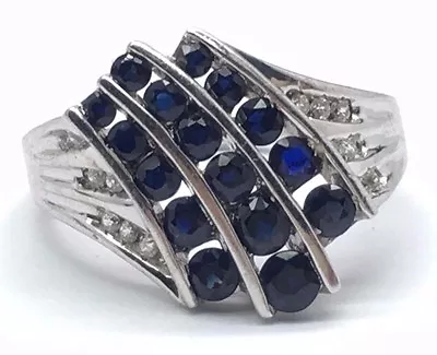 Sterling Silver Channel Set Diagonal Blue Sapphire Wave Curve Cocktail Band Ring • $35.60