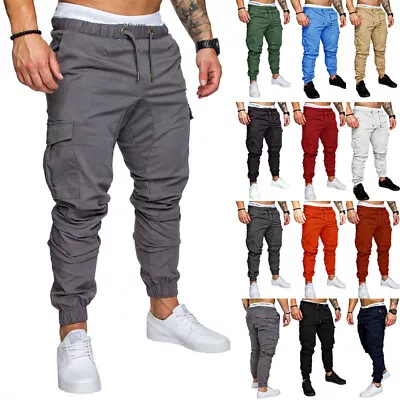 UK Mens Elasticated Waist Cargo Combat Work Trousers Joggers Pocket Cuffed Pants • £13.29