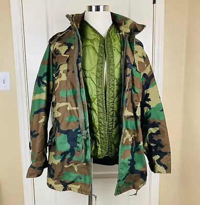 Military Cold Weather Field Coat Woodland Camo Hooded W/ Liner Men's SZ Med Long • $68.56