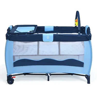 Outdoor Infant Bassinet Bed Foldable Baby Crib Playpen Playard Pack Blue Color • $87.99