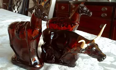 Vintage Avon Cologne Brown Glass Bottles Longhorn Steed  + 2 Horses Empty • $14.99