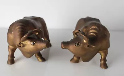 Vintage Pair Of Bookends Paperweights Bronze Bulls Oxen Wall Street Stock Market • $127.75