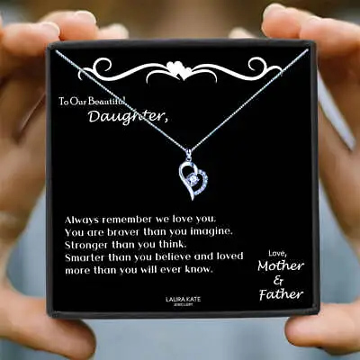 To Our Daughter Heart Silver CZ Necklace Pendant & Personalised Message Gift Box • £14.99