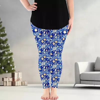 Winter Golden Blue Holiday Print Soft Leggings W/ Pockets • $28.90