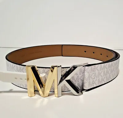 MICHAEL KORS MK Buckle Logo Belt Monogram Print Vanilla White Black Size S L • $29.98