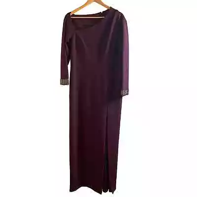 Aidan Mattox Beaded Cuff Asymmetric Crepe Gown Dress Rich Shiraz Women's Size 14 • $149.99