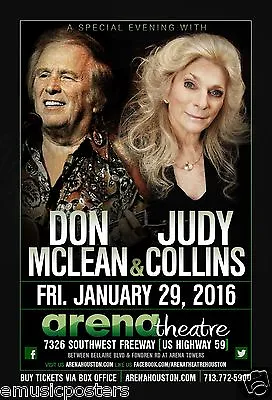 $14.31 • Buy DON McLEAN / JUDY COLLINS 2016 HOUSTON CONCERT POSTER -60's & 70's Music Legends