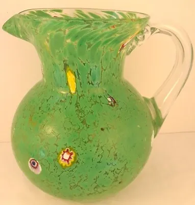 Large 8.5  Green Millefiori Confetti Glass Pitcher Hand Blown Murano Style VGC • $38.88