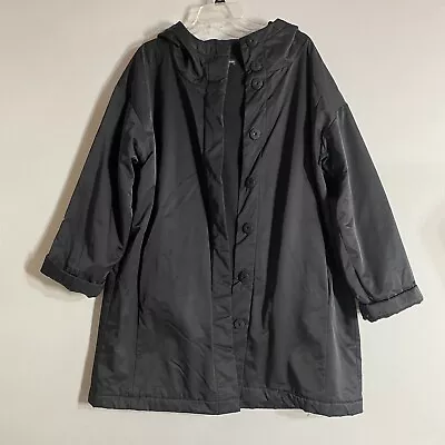 Eileen Fisher Coat Women L Black A Line  Hooded Fleece Lined Classic Snap • $99.99