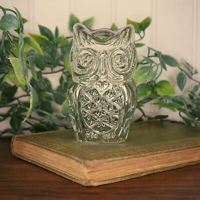 Vintage MCM VIKING Clear Glass Owl Paperweight Flat Bottom W/ Sticker 3.5  • $15