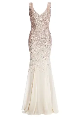 £49.99 • Buy Goddiva Champagne Sequin Chiffon Long Maxi Evening Dress Bridesmaid Prom Party