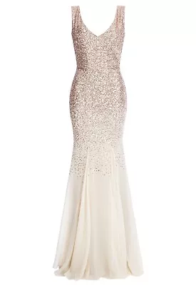 £49.99 • Buy Goddiva Champagne Sequin Chiffon Long Maxi Evening Dress Bridesmaid Prom Party