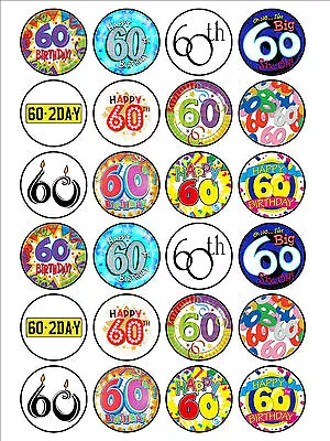 24 Edible 60th Birthday Icing Rice Paper Cupcake Cake Party Topper • £2.39