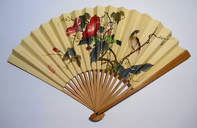 Vintage 1960s Chinese Bamboo & Paper Hand Fan MORNING GLORIES & BIRD • $9.95