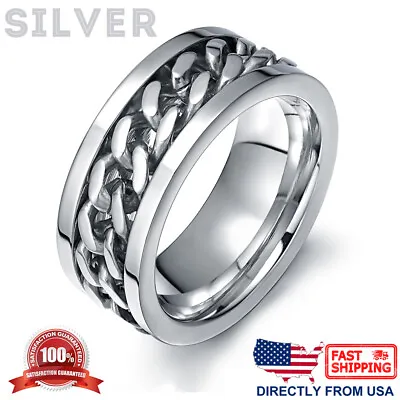 Men's Anxiety Spinner Ring Stainless Steel Curb Chain Wedding Band Comfort Fit • $12.80