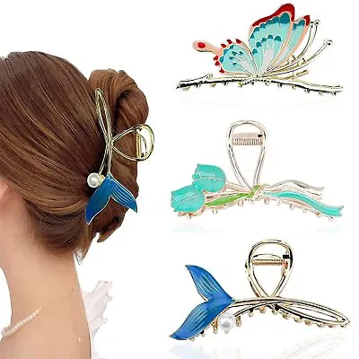 3Pcs 4.5in Strong Hold MermaidButterflyTulip Flower Hair Claw Clips For Women • $13.99