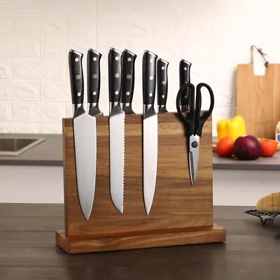 Magnetic Knife Block Holder Rack Acacia Wood Cutlery Storage Double Sided Magnet • $56.99