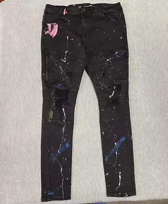 Crysp Denim Jeans Mens 36 Moto Distressed Paint Splat Skinny Pants Black 36x32 • $17.26