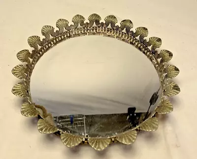 Vintage Ornate Metal Mirrored Vanity Oval Oblong Circular Bar Cart Tray 8.5” • $20