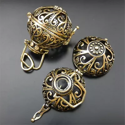 2 Retro Bronze Brass Mexican Flower Bola Ball Harmony Chime Locket Charm 25*17mm • $4.74