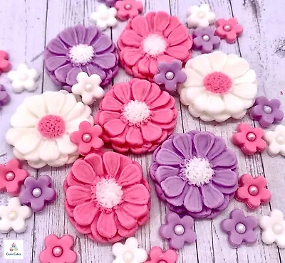 30 Edible Pink Lilac & White Flowers Fondant Sugar Cake Topper Birthday Wedding • £5.99