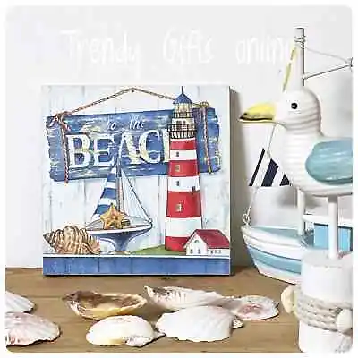 £8.99 • Buy To The Beach Mini Sign 12x12 Cm Home Decor Hanging Sign Beach Lighthouse Coastal