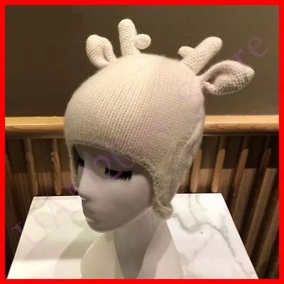 Autumn Winter Knitted Cashmere Antler Hat Comfortable Warm Soft Rabbit Ear Hat • $98.99