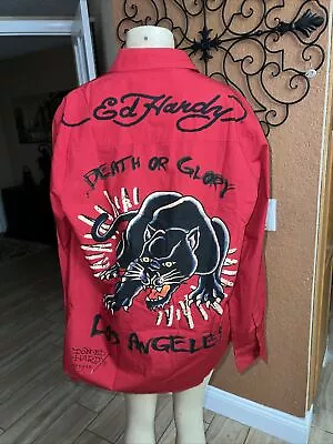 Ed Hardy Christian Audigier L/S Button DEATH OR GLORY RED BLACK PANTHER  MED EB • $38