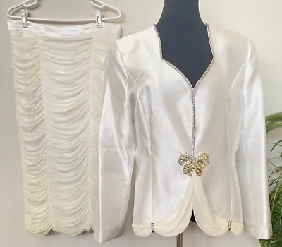 New Moshita Couture Women's Ivory White Rhinestone 2 Pc Skirt Suit Sz 14 $249 • $169.99