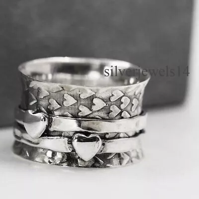 925 Sterling Silver Spinner Ring Meditation Handmade Textured Heart Love Ring • $13.34