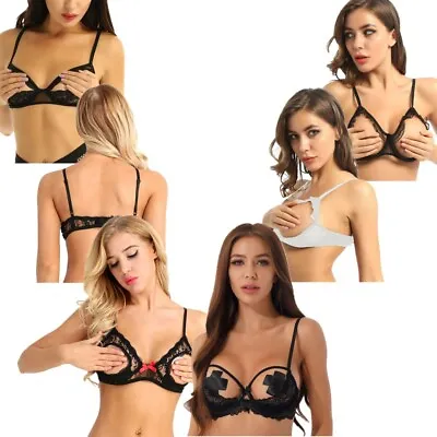 UK Womens Sheer Mesh Lace Bra Tops Open Cup Wire-free Unlined Brassiere Lingerie • £4.74