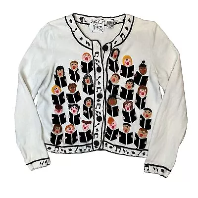 Michael Simon Cardigan Sweater Medium Choir Music Xmas Caroler  White Black 1998 • $54.40