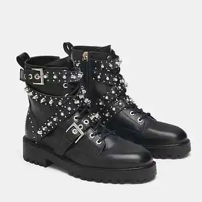 Zara Leather 37 Black Biker Jewel Studded Combat Boots 6.5 • $75