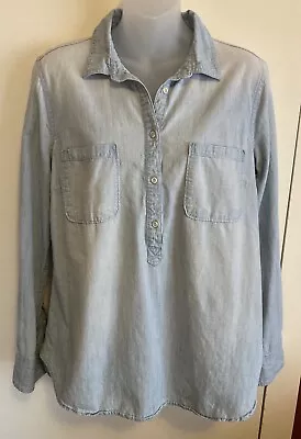 MERONA Womens Sz Large Denim Shirt Faded Blue  Jean Long Sleeve 1/2 Button Up • $13