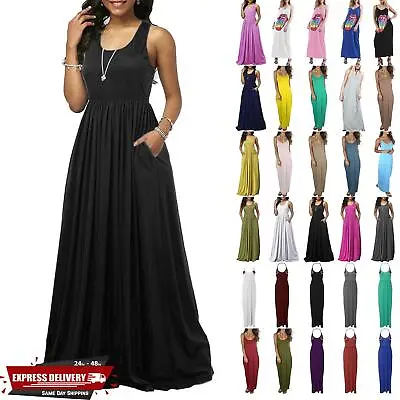 Womens Muscle Racer Back Ladies Slash Pockets Long Vest Summer Maxi Long Dresses • £5.99