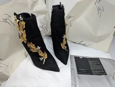 $125 • Buy GIUSEPPE ZANOTTI Black Suede Gold Embellished Ankle Boots Size 8