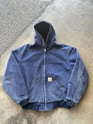 $80 • Buy Vintage Carhartt Jr102 Usa Made Blue Hooded Full Zip Duck Canvas Jacket L