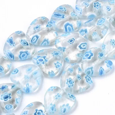 32pcs Millefiori Lampwork Heart Beads Light Sky Blue Spacer Beads Polished 11mm • £4.43
